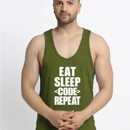 Friskers Men Olive Printed Eat Sleep Innerwear Vests-image-42