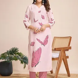 MOJILAA Women Animal Printed Regular Sequinned Linen Kurta with Trousers-picture-17