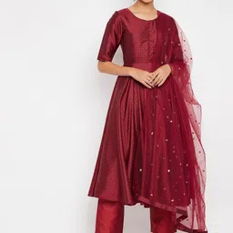 PANIT Women Maroon Ethnic Motifs Regular Sequinned Kurta with Trousers & Dupatta-16