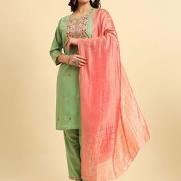 HERE&NOW Floral Embroidered Regular Cotton Silk Straight Kurta with Trousers & Dupatta-image-26
