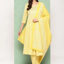 KALINI Ethnic Motifs Printed Pure Cotton Anarkali Kurta with Trousers & Dupatta-picture-42