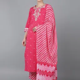 AHIKA Women Pink Ethnic Motifs Yoke Design Pure Cotton Kurta with Trousers & With Dupatta-1