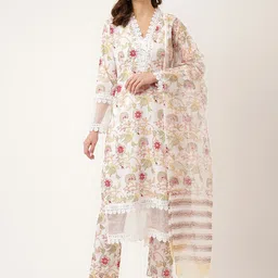 KALINI Floral Printed V-Neck Pure Cotton Straight Kurta & Trouser With Dupatta-picture-46