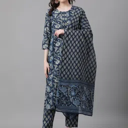 Neemiya Floral Printed Pure Cotton Staright Kurta With Trousers-image-4