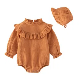 StyleCast Infant Girls Brown Puff Sleeves Cotton Bodysuit With Cap-image-25