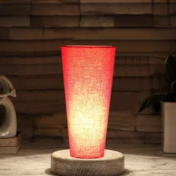 Devansh Red Cotton Cylinder Table Lamps With Brown Round Wood Base-75