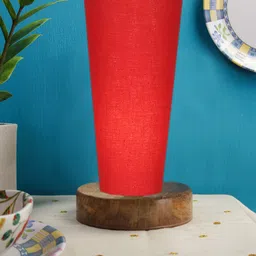 Devansh Red Cotton Cylinder Table Lamps With White Round Wood Base-74