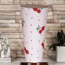 Devansh White & Red Cotton Cylinder Table Lamps With Brown Round Wood Base-84