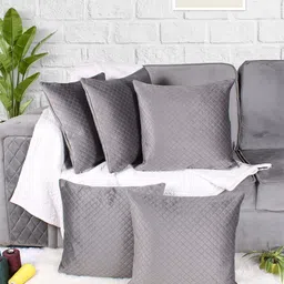 STITCHNEST Grey 5 Pieces Quilted Velvet Square Cushion Covers-image-3
