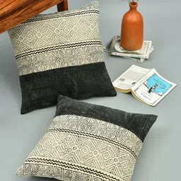 HOMEMONDE Grey & White 2 Pieces Geometric Printed Cotton Square Cushion Covers-image-71