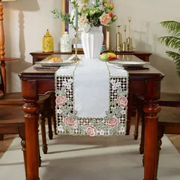 MONKDECOR White & Peach Embroidered Satin Table Runner-picture-5