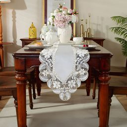 MONKDECOR White Embroidered Velvet Table Runner-12