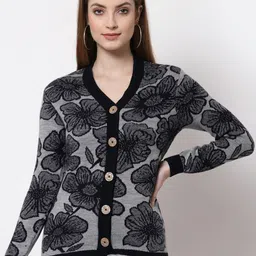 Kalt Women Grey & Black Floral Printed Cardigan Sweater-image-27