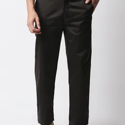 Basics Men Dark Grey Regular Fit Solid Cotton Trousers-image-8