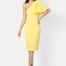 Campus Sutra Yellow One Shoulder Crepe Bodycon Dress-image-36