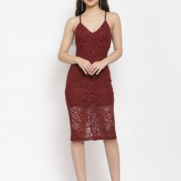 iki chic Maroon Lace Slip Midi Dress-image-68