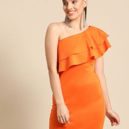 DODO & MOA Women Orange Ruffled One Shoulder Scuba Bodycon Dress-image-79