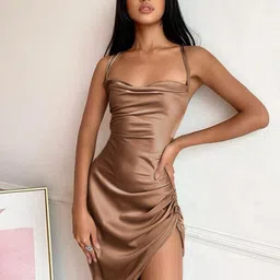 StyleCast Brown Shoulder Straps Gathered Or Pleated Bodycon Dress-image-95