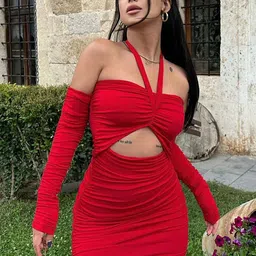 LULU & SKY Halter Neck Cold-Shoulder Sleeves Bodycon Mini Dress-image-16