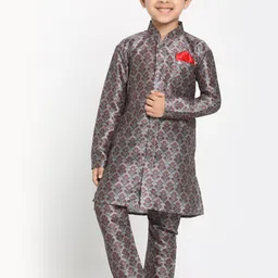 VASTRAMAY Boys Grey Floral Printed Kurta with Pyjama-image-18