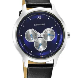 Sonata Men Blue Brass Printed Dial & Black Leather Bracelet Style Straps Analogue Watch 7140SL03-33