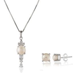 Femme Jam White Gold 925 Sterling Silver Freshwater Pearl / Moti Pendant, Earring & Chain for Women Pearl, Swarovski Crystal Earring & Necklace Set-image-59