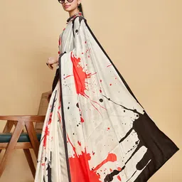 Sangria Off-White & Red Abstract Printed Satin Saree image 4