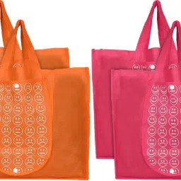 Shopping Grocery Bags Foldable, Washable Grocery Tote Bag with One Small Pocket, Eco-Friendly Purse Bag Fits in Pocket Waterproof & Lightweight (Set Of 4,Orange & Pink) Pack of 4 Grocery Bags-3