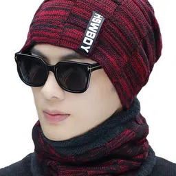 Alexvyan Men Self Design Acrylic Beanie Cap With Scarf-10