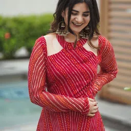 Thread & Button Women Red Bandhani Printed Silk Chiffon Kurta with Trousers & With Dupatta image 2