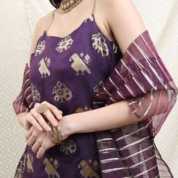 Vishudh Poly Brocade Ethnic Motifs Printed Shoulder Strap Kurta with Palazzos & Dupatta image 2