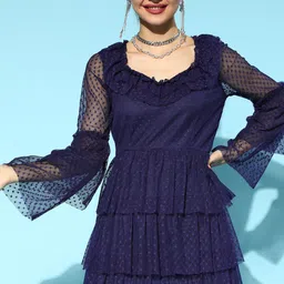 Athena Navy Blue Self Design Dobby Net A-Line Dress image 2