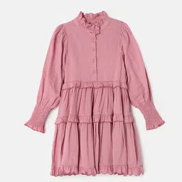 Angel & Rocket Girls High Neck Puff Sleeves Smocked Ruffled Tiered A-Line Midi Dress image 2