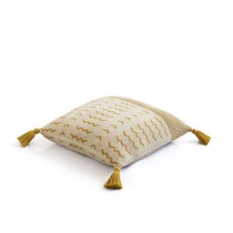 Pluchi Yellow & Cream-Coloured Pure Cotton Knitted Cushion Cover with Tassels-42
