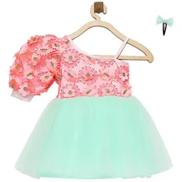 MANY FROCKS & Blue & Pink Floral Embroidered Applique Net Dress-image-83