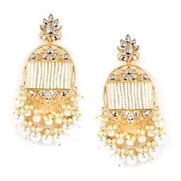 Jazz and Sizzle Women White  Kundan Pearl Oval Drop Earrings image 2