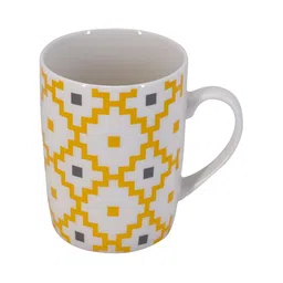 Kookee White & Yellow Geometric Printed Ceramic Glossy Mug 325 ml image 2