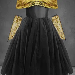 A.T.U.N. Girls Black & Gold-Toned Off-Shoulder Net Maxi Dress with Gloves-picture-55