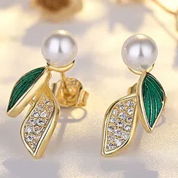 FIMBUL Gold Plated Pearl Beaded Leaf Shaped Stud Earrings image 4