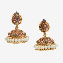 Kushal's Fashion Jewellery Gold-Plated Stone Studded & Beaded Dome Shaped Jhumkas image 3