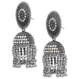 Shining Jewel - By Shivansh Gold Plated Cubic Zirconia Dome Shaped Oxidised Jhumkas image 2