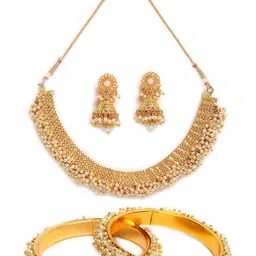 ZENEME Gold-Plated Off-White Stone-Studded & Beaded Temple Jewellery Set image 2