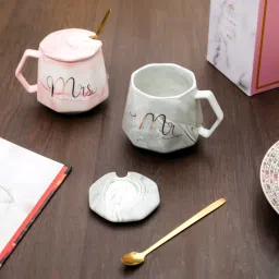 Pack of 2 Ceramic, Bone China Royal Marble Design Ceramic Mr. Mrs. Coffee Mug With Lid & Spoon Set of 2-picture-26