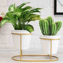 Gold Metal Twin Oval Table Planter Stand With White Pot (Set of 2) By Homesake-picture-26