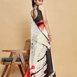 Sangria Off-White & Red Abstract Printed Satin Saree image 5