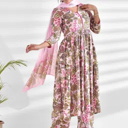 mokshi Floral Printed V-Neck Anarkali Kurta With Palazzos & Dupatta image 3