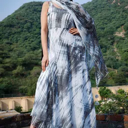 Thread & Button Women White Printed Silk Chiffon Kurta with Trousers & With Dupatta image 3