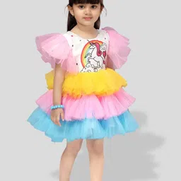 BAESD Girls Unicorn Printed Flutter Sleeve Layered Net Fit & Flare Dress image 5