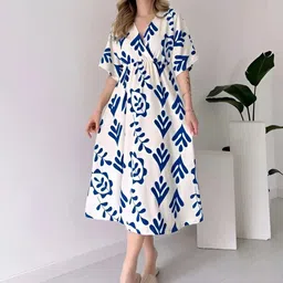 MANOJAVA Cotton Printed Fit & Flare Midi Dress image 3