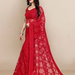 VAIRAGEE Red Ethnic Motifs Embroidered Net Saree image 2